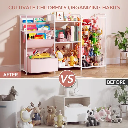 Vista 5 de BBLIKE Organizador de almacenamiento de animales de peluche 3 en 1, almacenamiento de juguetes con estantería para niños y soporte grande