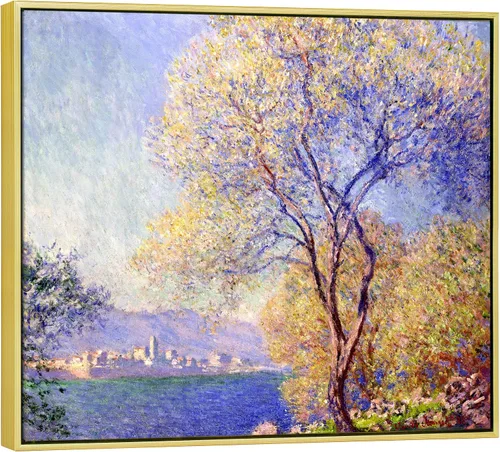 Vista 9 de Wieco Art Lienzo decorativo Monet Antibes Seen from The Salis Garden con marco dorado, impresión HD de 16 x 12 pulgadas, listo para colgar