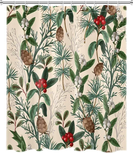 Vista 2 de EOBTAIN Cortina de ducha rústica con hojas de plantas para baño, diseño de piña y fondo navideño rojo y verde, con 10 ganchos, juego de cortinas