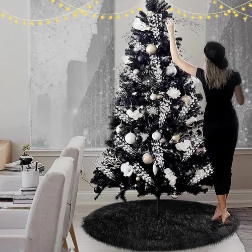 Vista 3 de Yuboo - Falda de árbol de Navidad negra, falda de árbol de 48 pulgadas grande y esponjosa de piel sintética, adornos y decoraciones de Navidad