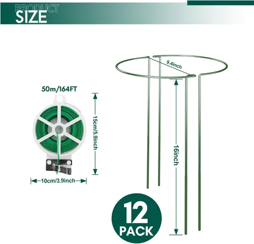 Vista 2 de Paquete de 12 estacas de soporte para plantas de jardín, jaulas y soportes de peonía semicirculares, anillo de soporte de metal para jardín, soporte
