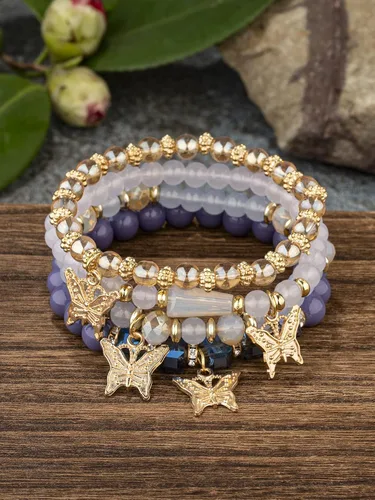 Vista 3 de 4pcs Butterfly Bohemian Beaded Stackable Stretch Bracelet Set Elastic Colorful Charm Multi-Layer Butterfly Crystal Stone Stretch Bracelets