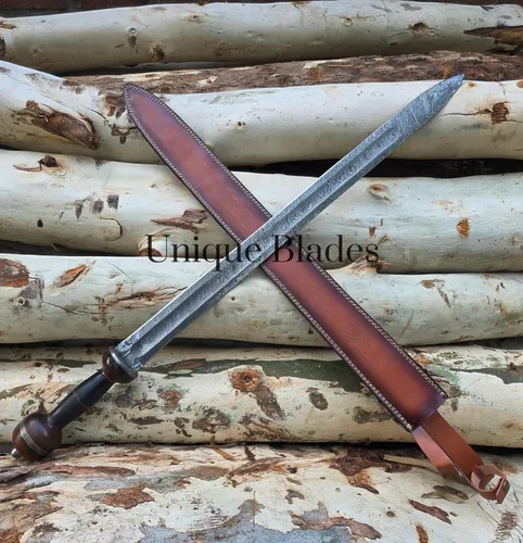 Vista 5 de Roman Spatha - Espada de batalla de acero de Damasco, hoja de espiga completa de 36 pulgadas con ranura de sangre, colección Third Century Viking