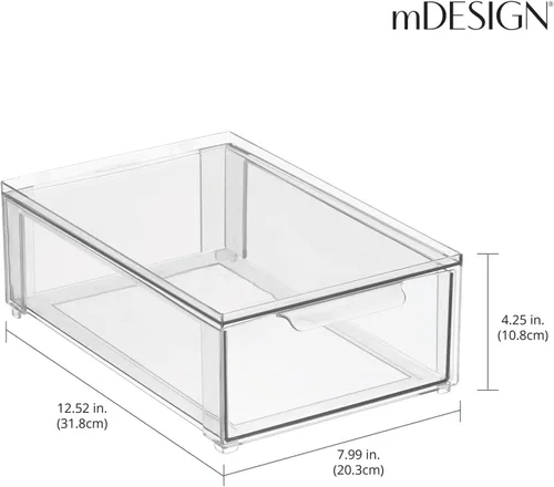 Vista 4 de mDesign Lumiere Collection - Organizador apilable de plástico con cajón extraíble para gabinete, tocador, estante, armario, armario u organización
