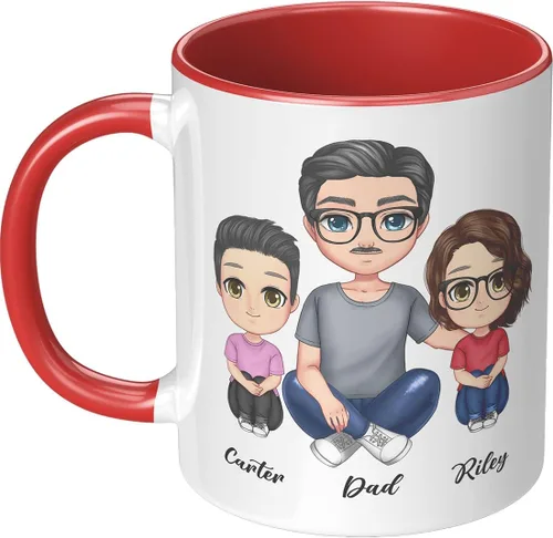 Vista 14 de Taza de café para el día del padre para papá de parte de hija e hijo. Taza del mundo con el mejor papá del mundo. Taza divertida con nombre