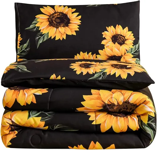 Vista 6 de NTBED Juego de edredón de girasoles negros, tamaño Queen, color amarillo, floral, botánico, edredón de microfibra de 3 piezas para niñas