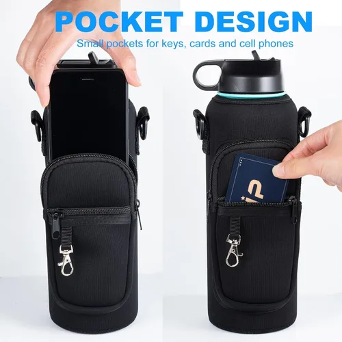 Vista 4 de RRegeny Soporte para botella de agua con correa para Hydroflask de 32 oz 40 onzas, bolsa de transporte con bolsillo para teléfono, funda