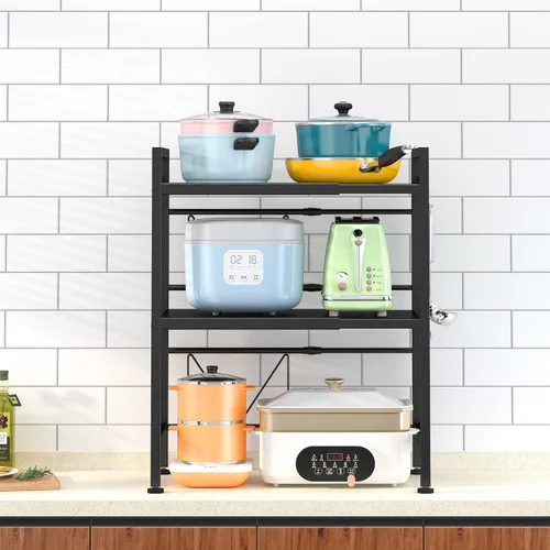 Vista 7 de PUSDON Estante para horno de microondas, estante ajustable resistente de 3 niveles con 3 ganchos para organizador de encimera de cocina