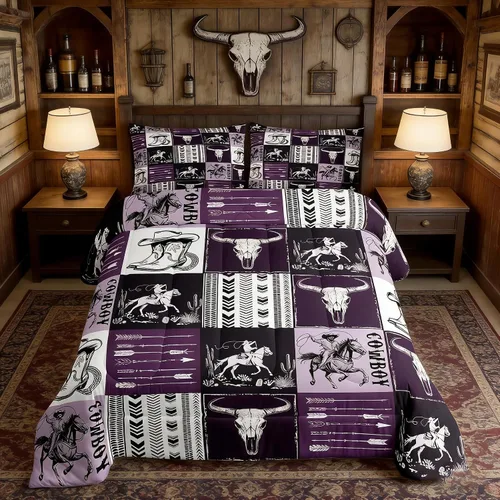 Vista 51 de Manfei Juego de edredón de vaquero occidental tamaño individual, juego de ropa de cama con estampado de calavera de toro, caballo y flecha, 2 piezas