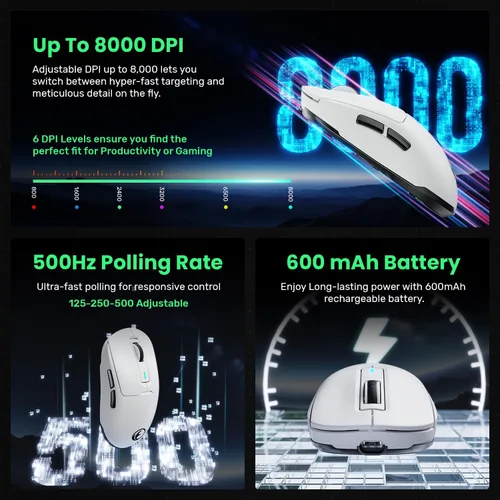 Vista 11 de G59 Ratón inalámbrico/con cable/BT 2.4G para juegos, ratón inalámbrico recargable con USB tipo C, 6 DPI ajustables, 8000 DPI máximo, 60g