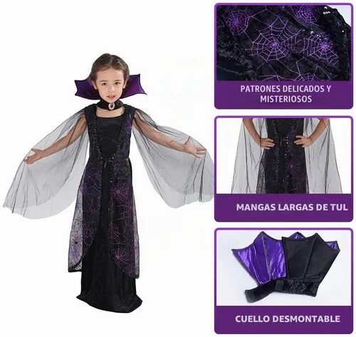 Vista 5 de EraSpooky Disfraz de vampiro para niñas, vestido gótico de murciélago para Halloween