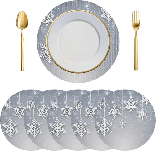 Vista 18 de Juego de 6 manteles individuales redondos, copos de nieve sobre rojo oscuro, resistentes al calor, para mesa de comedor, decoración de Navidad