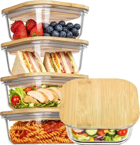 Vista 8 de Vtopmart Recipientes de vidrio para almacenamiento de alimentos con tapas de bambú, paquete de 4 recipientes de vidrio para preparación de comidas