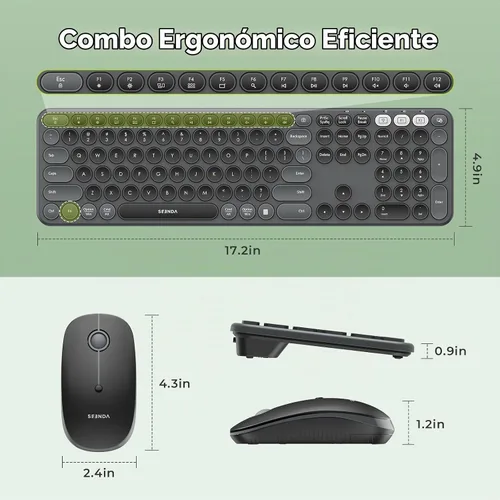 Vista 8 de seenda COE202 - Combo de teclado y mouse Bluetooth, teclas redondas retro, color negro Retro silent keyboard and mouse connects to 3 devices