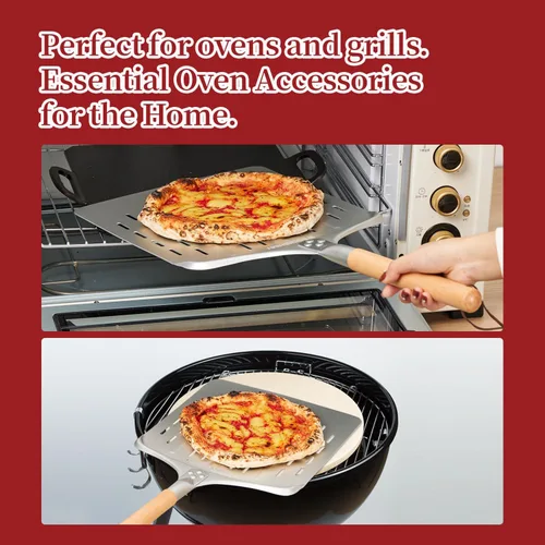 Vista 6 de Cáscara de pizza de 12 pulgadas – Espátula de pizza de aluminio anodizado con mango de madera – Ideal para horno de pizza y hornear, pelar ligero