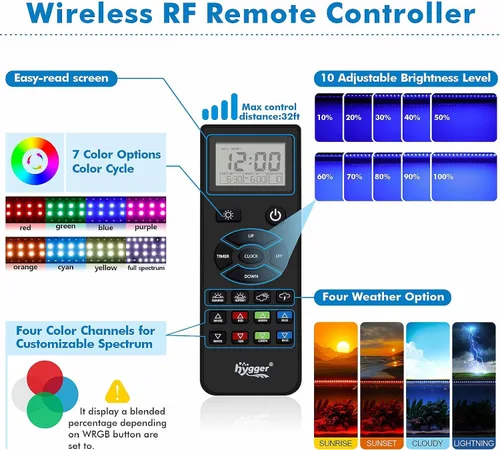 Vista 5 de hygger - Luz de acuario con control remoto avanzado personalizable de espectro completo LED para tanque de peces con modo DIY, predeterminado