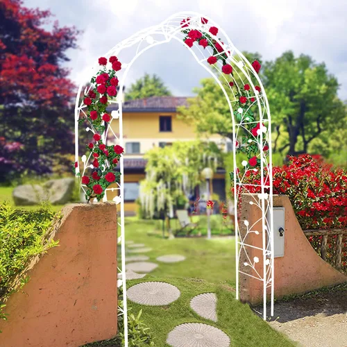 Vista 3 de Arco de jardín de metal de 98.4 pulgadas de alto, enrejado de jardín, plantas trepadoras, soporte de arco de rosas, césped al aire libre, boda