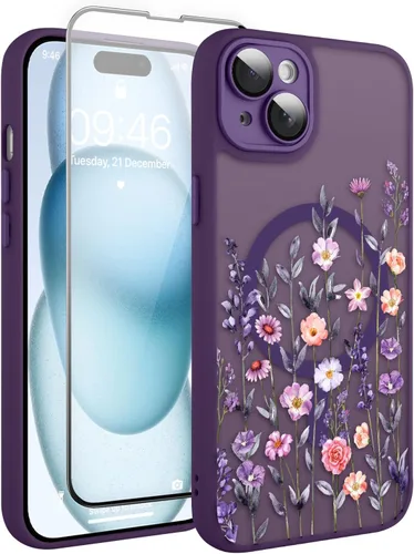 Vista 65 de Magnético para iPhone 13 con protector de pantalla [Compatible con MagSafe] Diseño de patrón floral de flores bonitas, funda delgada a prueba