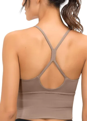 Vista 4 de SIGNEALA Brasier deportivo con cuello en V para mujer, tirantes delgados, acolchado, brasier de yoga entrecruzado con tirantes cruzados, camiseta