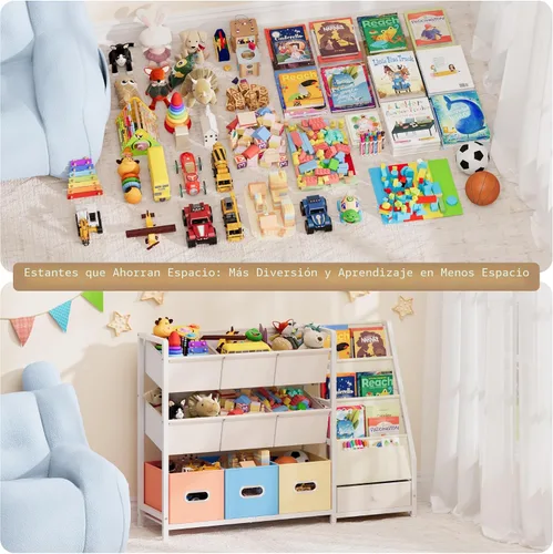Vista 5 de HAVLOTII Organizador de almacenamiento de juguetes, estantería para niños y almacenamiento de juguetes con 3 estantes para libros y 10 contenedores