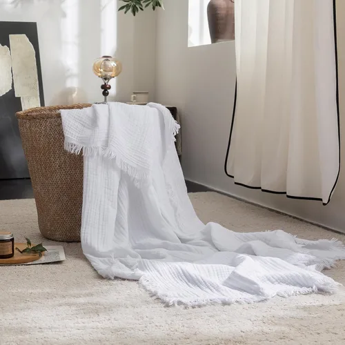 Vista 20 de FOSSA Manta de Muselina con Flecos - Gasa de Algodón 100% de 4 Capas Súper Suave y Transpirable - Manta Decorativa Ligera y Refrescante para Cama
