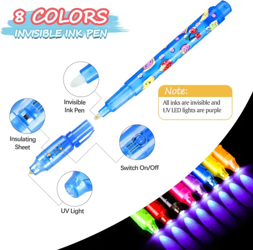 Vista 3 de TAFULOR Bolígrafo de tinta invisible para niños, recuerdos de fiesta de cumpleaños para niñas y niños, bolígrafos espía con luz UV, marcadores