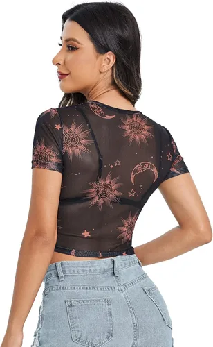 Vista 2 de Sweatyrocks - Blusa de manga corta de tela de malla transparente para mujer