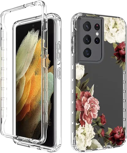 Vista 6 de Funda para Galaxy S21 Ultra 5G SM-G998U con protector de pantalla de vidrio templado, bonito patrón floral transparente, funda protectora de cuerpo
