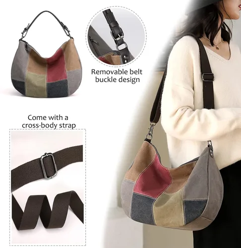 Vista 2 de Canvas Crescent Bag Medium Hobo Crossbody Bags for Women Color Block Purse