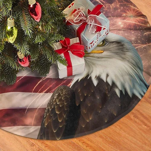 Vista 3 de Faldas de árbol de bandera estadounidense, adornos de Navidad, tapete de árbol de águila de fuegos artificiales para fiestas de Navidad, vacaciones