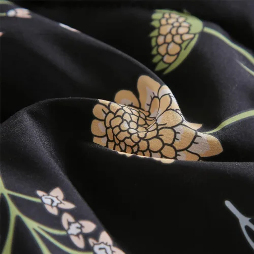 Vista 7 de Juego de edredón floral tamaño Twin, edredón negro estampado de hojas de flores botánicas amarillas y verdes para niños, adolescentes y mujeres