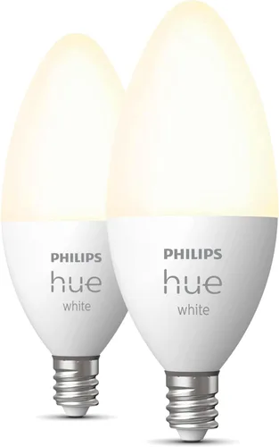 Vista 5 de Philips Hue Bombilla LED inteligente en forma de vela B39 de 40 W, luz blanca cálida suave, paquete de 2, 450 lúmenes, E12, interior, control