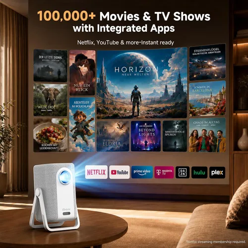 Vista 2 de Proyector 4K para Exteriores [Lanzamiento Corto/1200ANSI/Aplicaciones Integradas] con WiFi y Bluetooth, Proyector de Enfoque Automático con Soporte