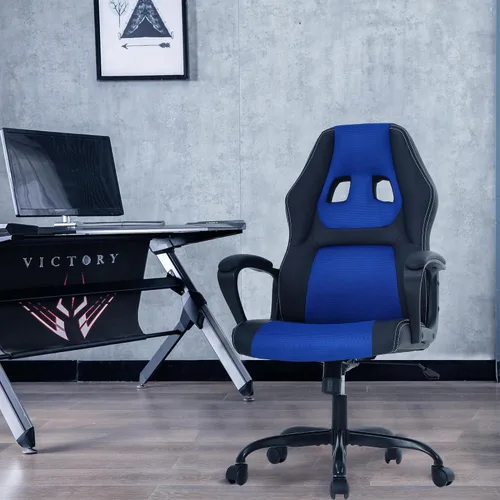 Vista 8 de Silla ergonómica para juegos de PC, silla de computadora con respaldo alto, soporte lumbar, ajustable, giratoria, de piel sintética, silla de Azul