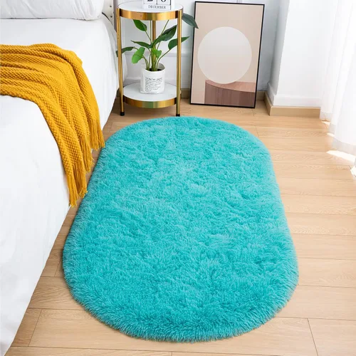 Vista 14 de Goideal - Alfombra esponjosa de dormitorio, alfombra pequeña ovalada, alfombra negra peluda para mesita de noche, ideal para habitación infantil