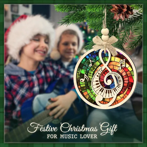 Vista 4 de Adornos de Navidad con notas musicales, diseño de piano de clave aguda, adorno de Navidad para amantes de la música, profesores, clubes, bandas