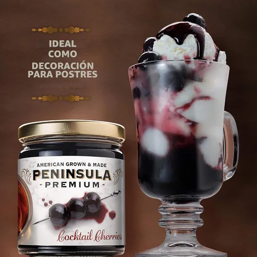 Vista 8 de Cerezas de cóctel Península Premium. Ganador de premios. Rojo borgoña intenso. Suave como la seda, rico jarabe. Lujoso sabor afrutado y agridulce.