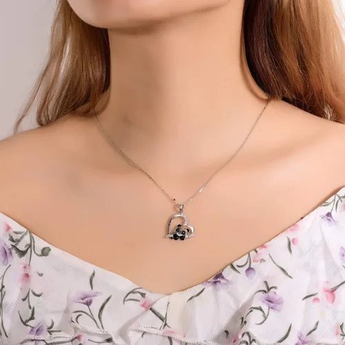 Vista 7 de ACJNA 925 Sterling Silver Panda Bear Necklace Bamboo Heart Pendant Engraved I love You Forever Women Jewelry