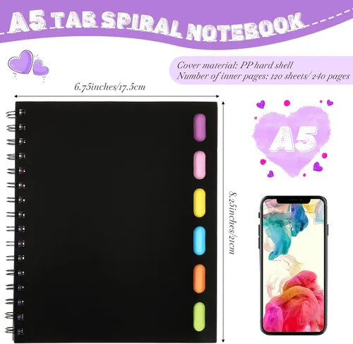 Vista 2 de Fainne 4 Pcs Cuaderno Espiral A5 de 6 Materias Rayado Universitario con Pestañas Divisorias, 6.75 x 8.25 Pulgadas, 240 Páginas Cuaderno Diario
