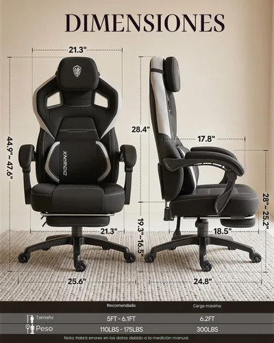 Vista 2 de Dowinx Silla de juegos grande y alta con reposapiés, color negro