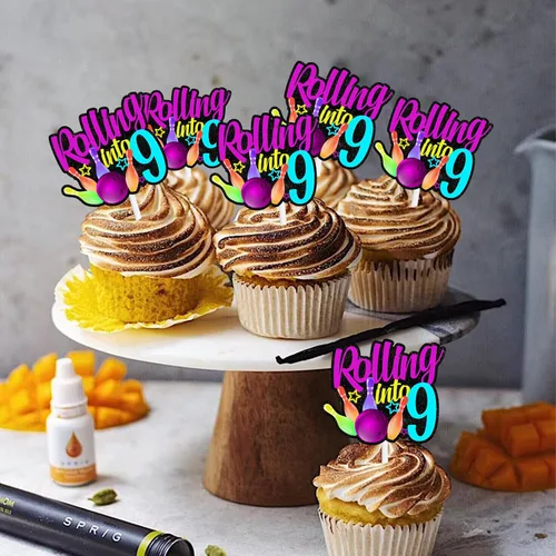Vista 23 de 18 piezas de bola de boliche con purpurina, decoración de postre, magdalenas, boliches, 6 temas, suministros de decoración para niños y niñas