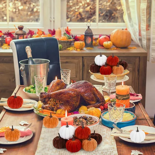 Vista 3 de 16 PCS Fall Autumn Artificial Velvet Pumpkins Mini Faux Pumpkins