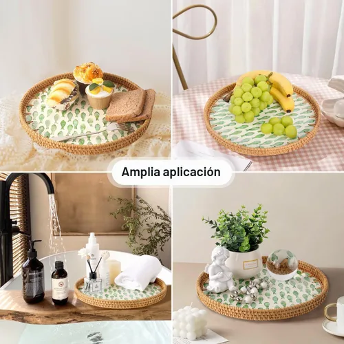 Vista 2 de Bandeja redonda de ratán con incrustaciones de nácar, bandeja de ratán para café, pan, frutas, bandeja decorativa de mimbre para decoración de mesa