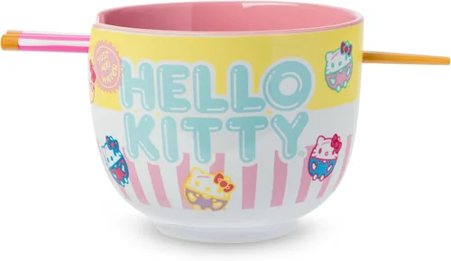 Vista 21 de Silver Buffalo Sanrio Hello Kitty Flowers, cuenco de ramen con palillos Patrón de flores de Hello Kitty