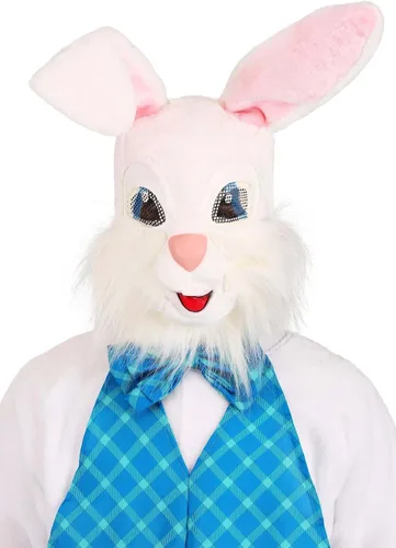 Vista 6 de Disfraz de conejo de Pascua para adultos grandes y altos, traje de mascota de conejo de 6 piezas, máscara, chaleco, pajarita, fundas para zapatos