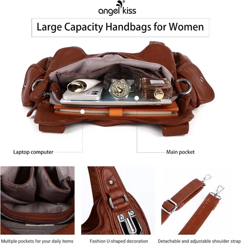 Vista 4 de Angelkiss - Bolsos y bolsos de mano para mujer, de cuero vegano lavado, bolso cruzado estilo hobo