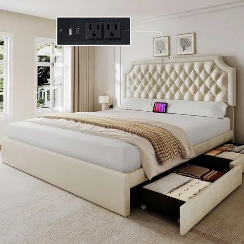 Vista 8 de DWVO Base de cama de tamaño matrimonial con cabecera ajustable, 4 cajones de almacenamiento y estación de carga, marco de cama tapizado de Beige