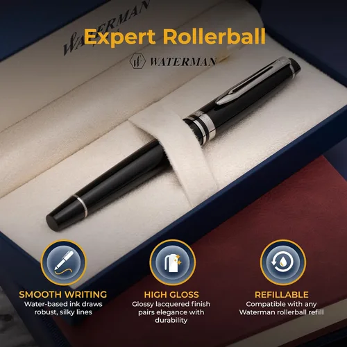Vista 4 de Waterman Expert - Bolígrafo roller con tapa grabada, laca negra con borde cromado, regalo personalizado para ejecutivos, miembros de la junta
