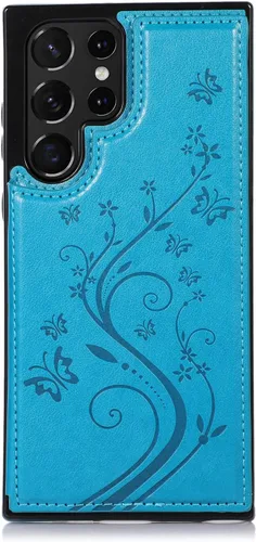 Vista 7 de Asuwish Funda para Samsung Galaxy S22 Ultra con protector de pantalla de vidrio templado, funda de cuero con soporte para tarjetas, doble cierre Azul