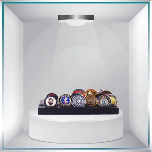 Vista 5 de Samplife Estante para monedas, soporte de exhibición de monedas de desafío, estantes de madera del ejército coleccionable, soporte para monedas